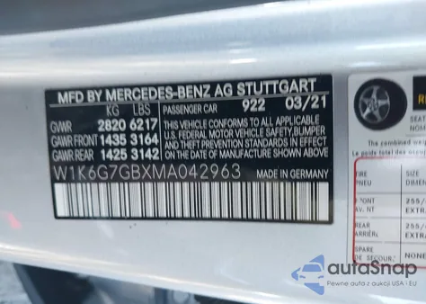 2021 Mercedes-Benz S 580 4Matic из США, поврежденный, VIN W1K6G7GBXMA042963